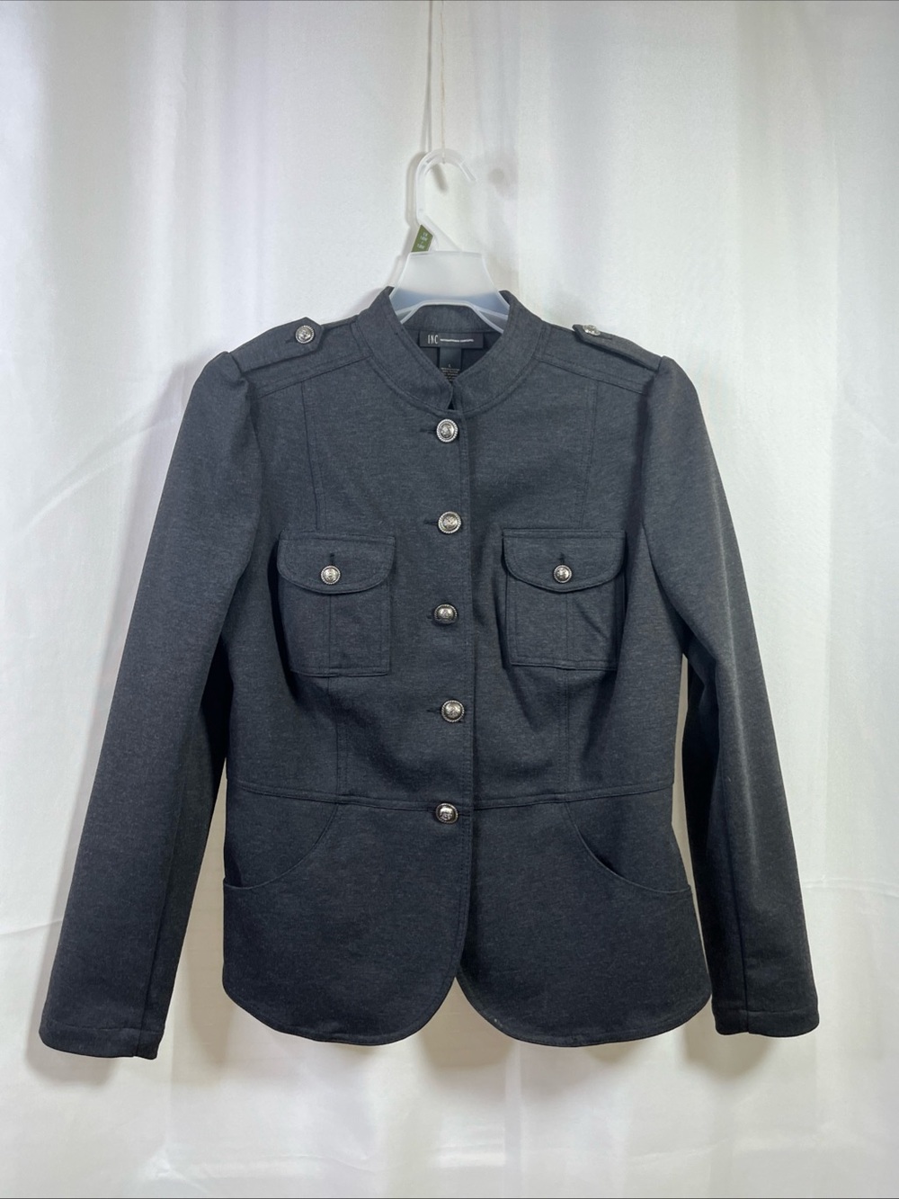INC Women's 90's Preppy Military Style  Gray Blazer Jacket Silver Buttons Large